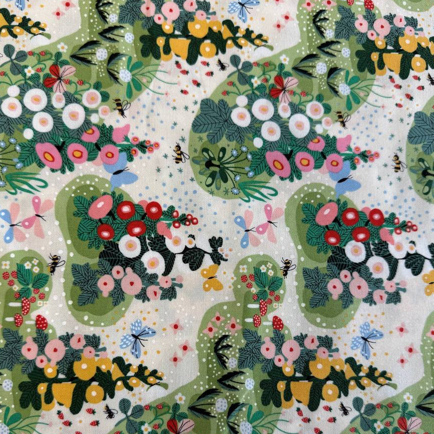 Love Letter Eggshell quilting cotton by Lizzy House for Moda Fabrics featuring colorful flowers, bees, dragonflies, berries, and greenery on a soft cream background.