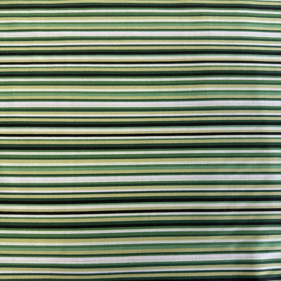 Multi-coloured striped quilting cotton fabric from Betty's Geraniums by Jackie Robinson for Benartex, available in green stripe and pink-red stripe colourways.