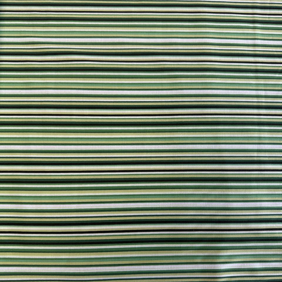Multi-coloured striped quilting cotton fabric from Betty's Geraniums by Jackie Robinson for Benartex, available in green stripe and pink-red stripe colourways.