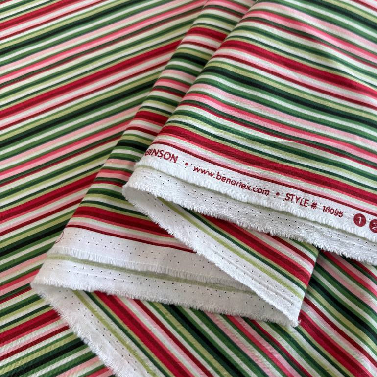 Multi-coloured striped quilting cotton fabric from Betty's Geraniums by Jackie Robinson for Benartex, available in green stripe and pink-red stripe colourways.