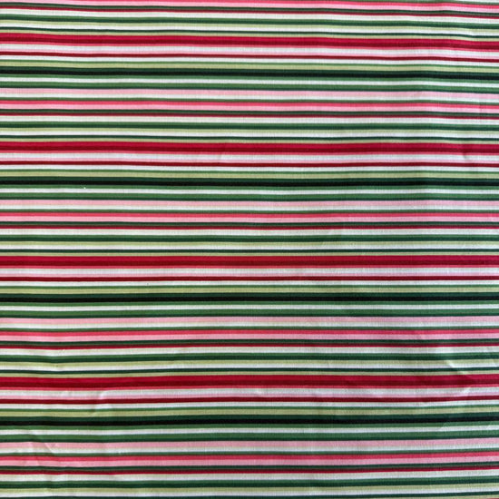 Multi-coloured striped quilting cotton fabric from Betty's Geraniums by Jackie Robinson for Benartex, available in green stripe and pink-red stripe colourways.