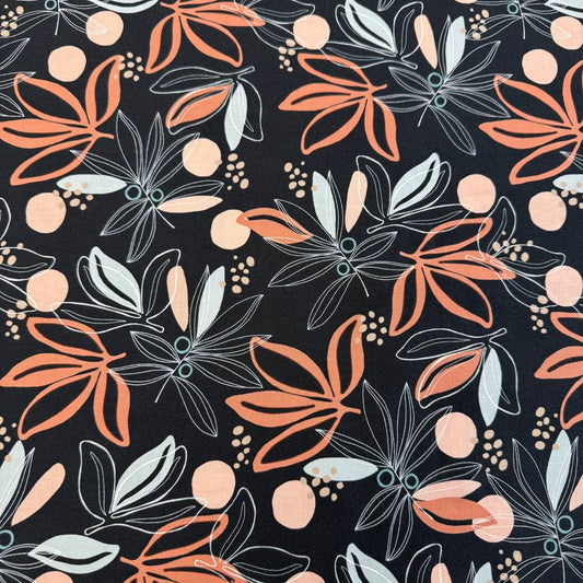 Black quilting cotton fabric featuring modern coral and blush floral and leaf motifs with pale aqua accents from the Melrose collection by Studio M for Moda Fabrics.