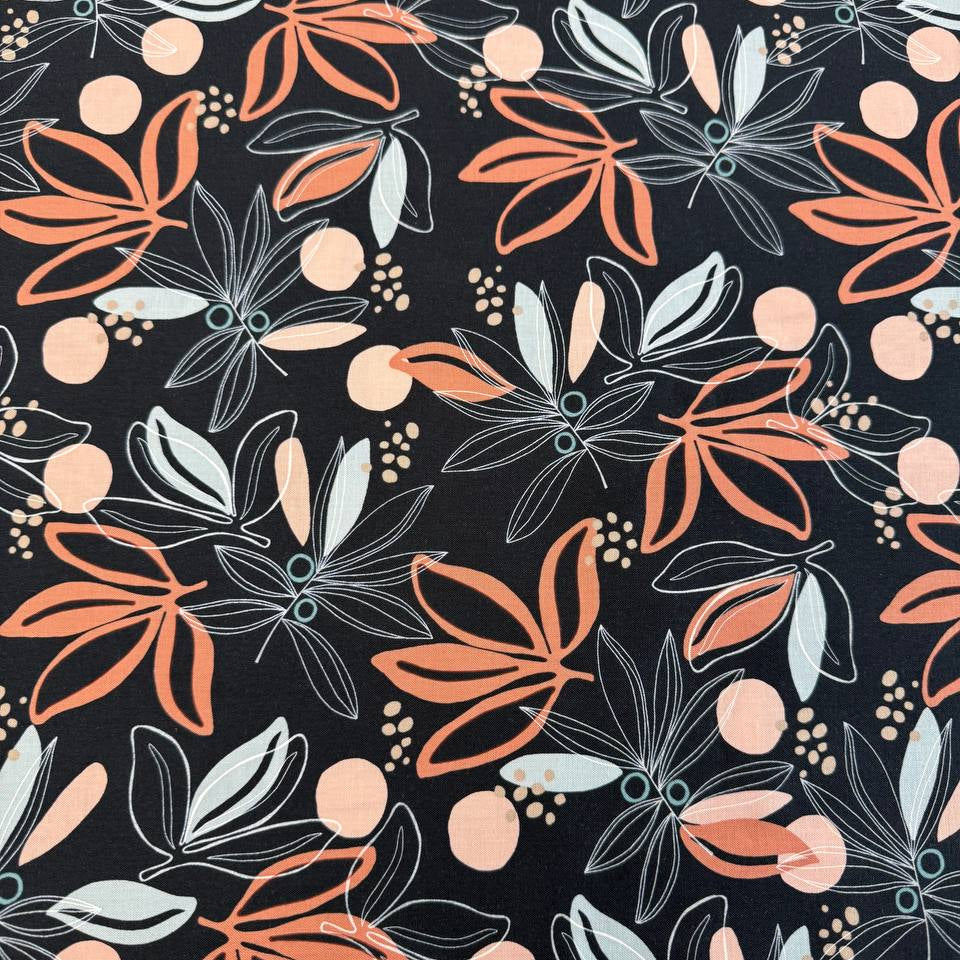 Black quilting cotton fabric featuring modern coral and blush floral and leaf motifs with pale aqua accents from the Melrose collection by Studio M for Moda Fabrics.