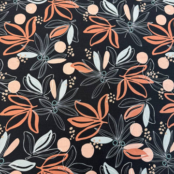 Black quilting cotton fabric featuring modern coral and blush floral and leaf motifs with pale aqua accents from the Melrose collection by Studio M for Moda Fabrics.