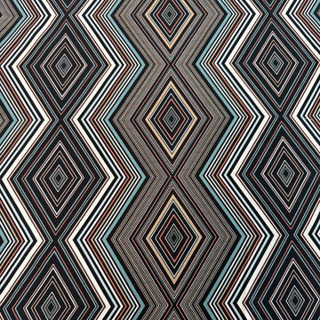 Nightlife geometric quilting fabric by Studio M for Moda Fabrics featuring layered diamond patterns in black, teal, cream, blush, coral, and gold tones.