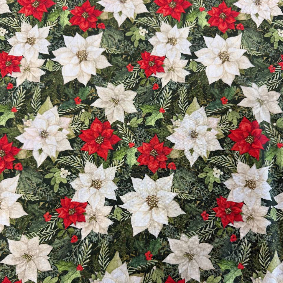 Christmas Poinsettia cotton fabric featuring red and white poinsettia flowers with green foliage on a dark green background.