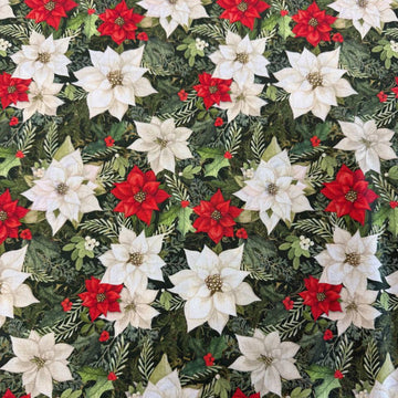 Christmas Poinsettia cotton fabric featuring red and white poinsettia flowers with green foliage on a dark green background.