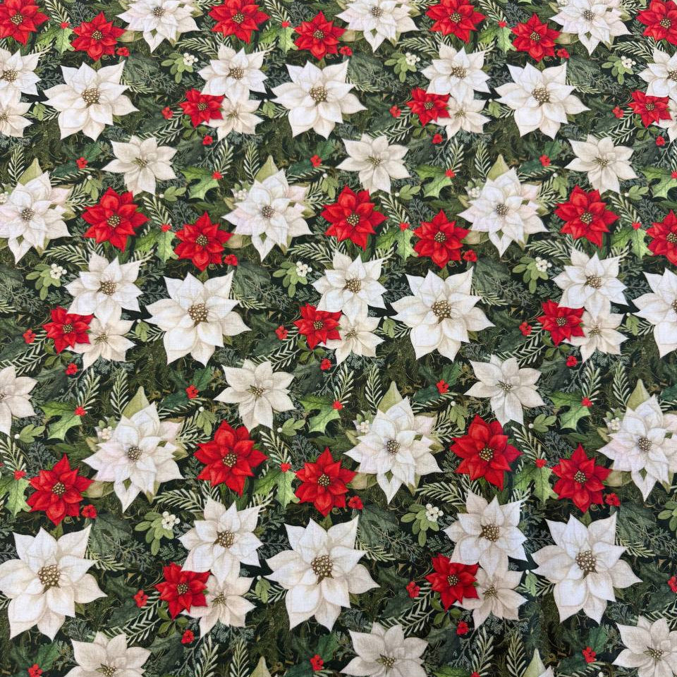Christmas Poinsettia cotton fabric featuring red and white poinsettia flowers with green foliage on a dark green background.