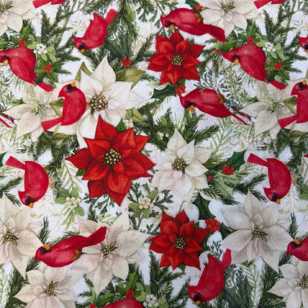Christmas cotton fabric featuring red cardinals, white and red poinsettias, evergreen branches, and holiday greenery on a white background.