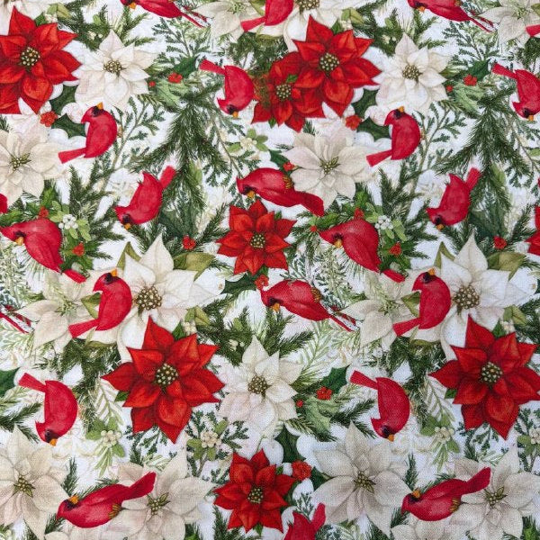 Christmas cotton fabric featuring red cardinals, white and red poinsettias, evergreen branches, and holiday greenery on a white background.