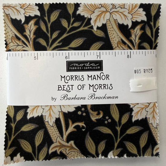 Morris Manor Best of Morris charm pack by Moda Fabrics with 42 precut 5 inch cotton quilting squares featuring classic William Morris floral design on black backgroun