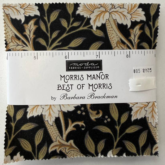Morris Manor Best of Morris charm pack by Moda Fabrics with 42 precut 5 inch cotton quilting squares featuring classic William Morris floral design on black backgroun