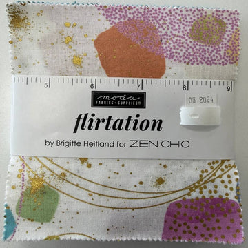 Flirtation charm pack fabric bundle by Zen Chic for Moda Fabrics with 42 precut 5 inch cotton quilting squares featuring modern abstract prints with gold accents