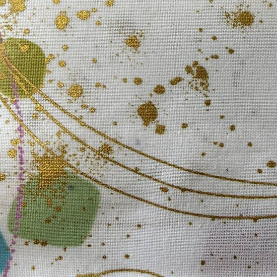 Flirtation charm pack fabric bundle by Zen Chic for Moda Fabrics with 42 precut 5 inch cotton quilting squares featuring modern abstract prints with gold accents