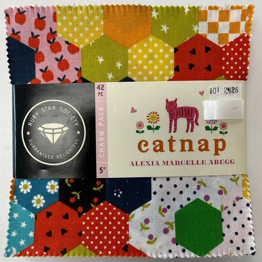 Catnap charm pack fabric bundle by Ruby Star Society with 42 precut 5 inch cotton quilting squares featuring colorful hexagon patchwork prints