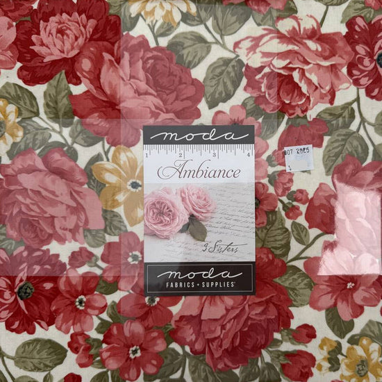 Ambiance Layer Cake quilting fabric bundle by Moda Fabrics with romantic floral prints in rose and cream colors