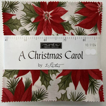 A Christmas Carol Charm Pack by 3 Sisters for Moda Fabrics featuring red poinsettia Christmas quilting cotton prints