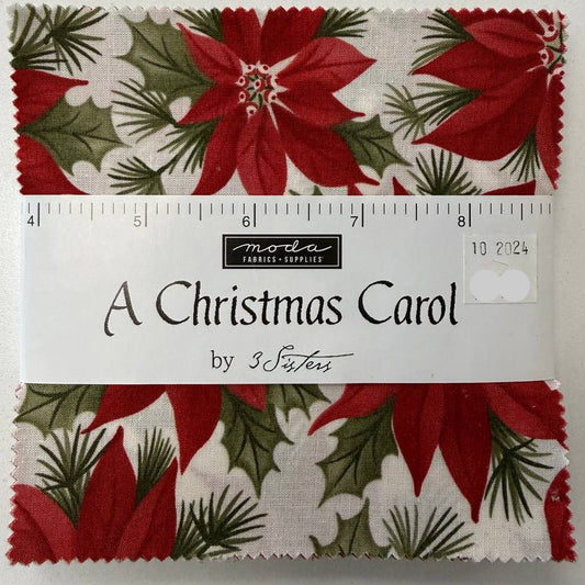 A Christmas Carol Charm Pack by 3 Sisters for Moda Fabrics featuring red poinsettia Christmas quilting cotton prints