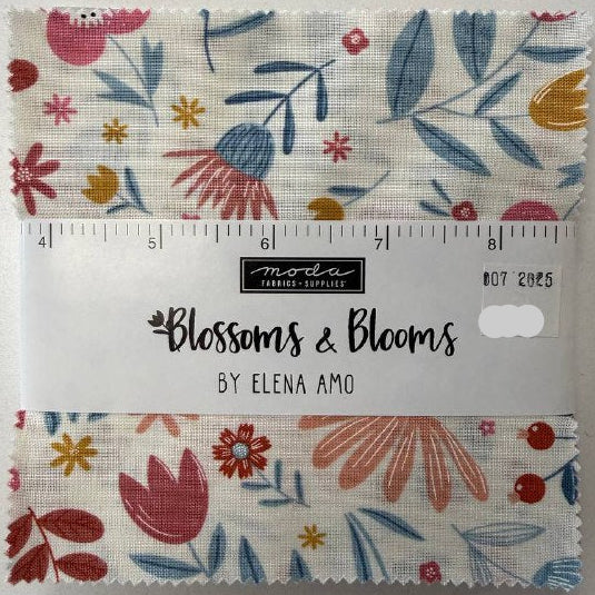Blossoms & Blooms Charm Pack by Elena Amo for Moda Fabrics with colorful floral quilting cotton prints