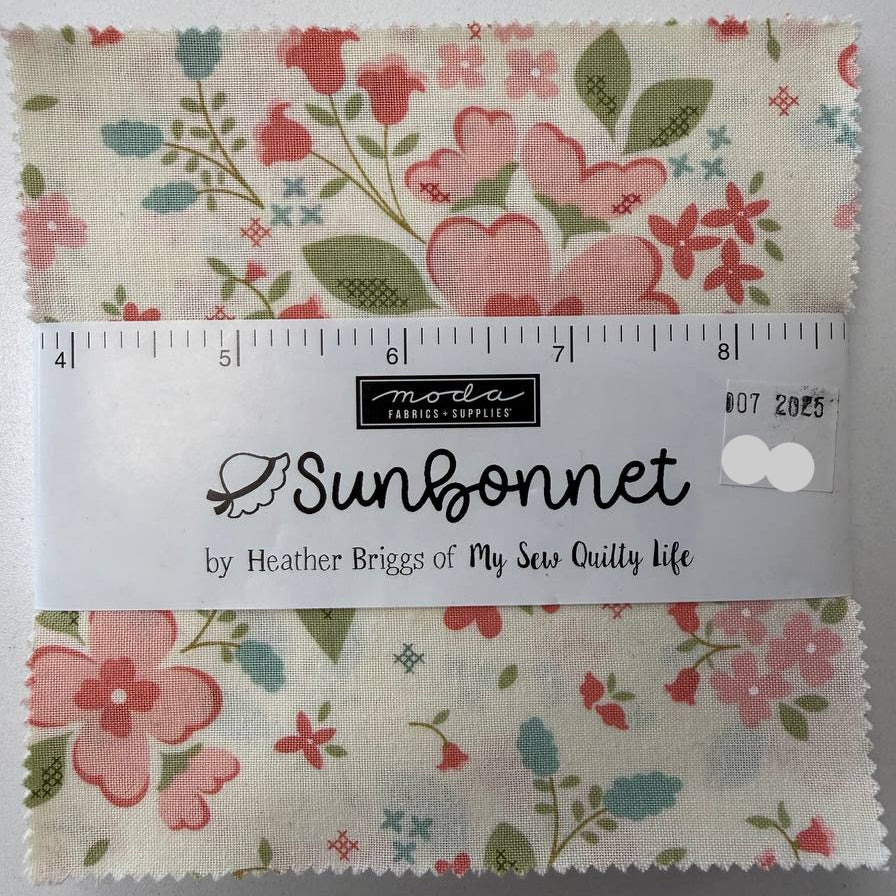 Sunbonnet Charm Pack by Heather Briggs My Sew Quilty Life for Moda Fabrics with pastel floral quilting cotton prints
