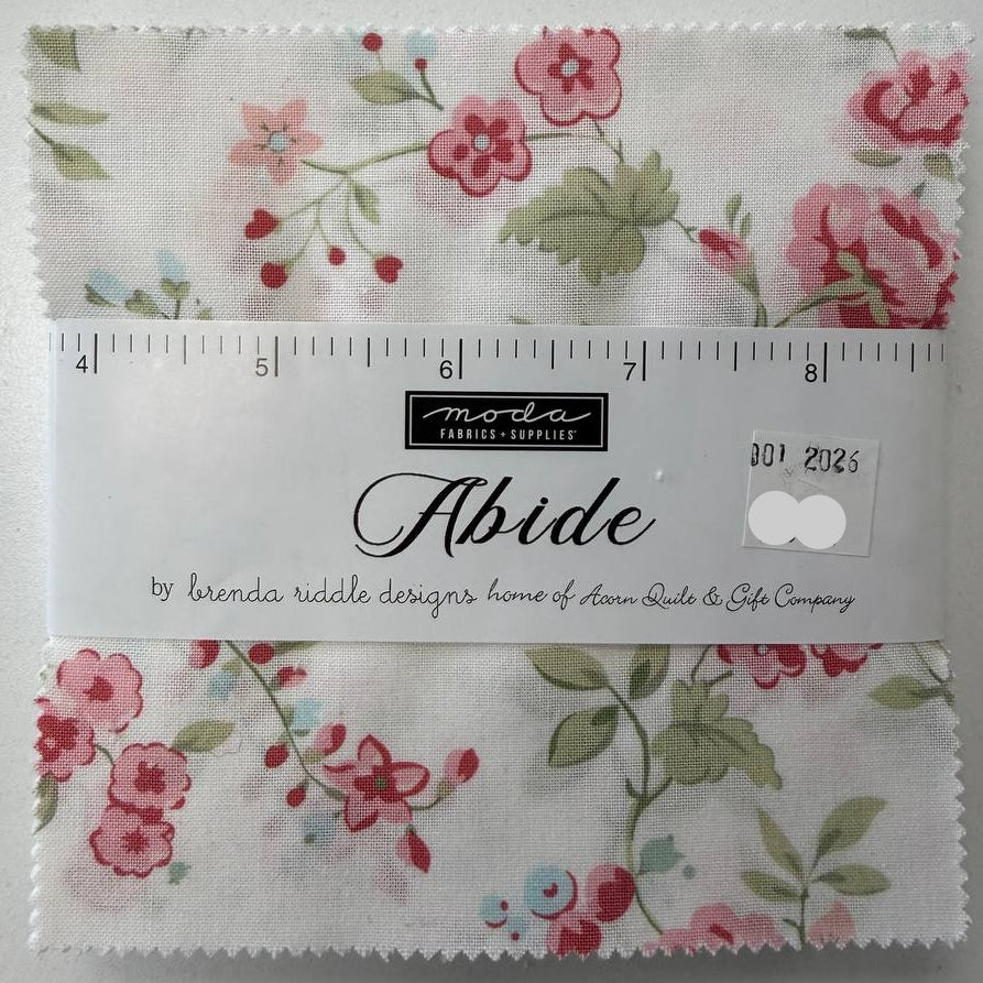 Abide Charm Pack by Brenda Riddle Designs for Moda Fabrics with soft pink floral quilting cotton prints