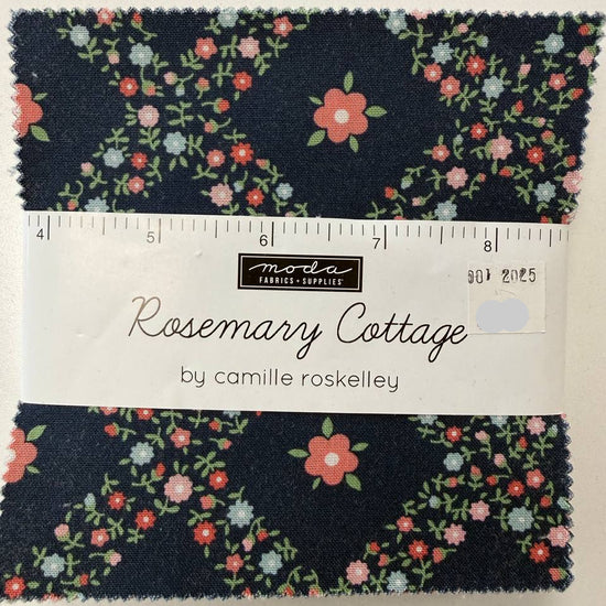 Rosemary Cottage Charm Pack by Camille Roskelley for Moda Fabrics with navy floral quilting cotton prints