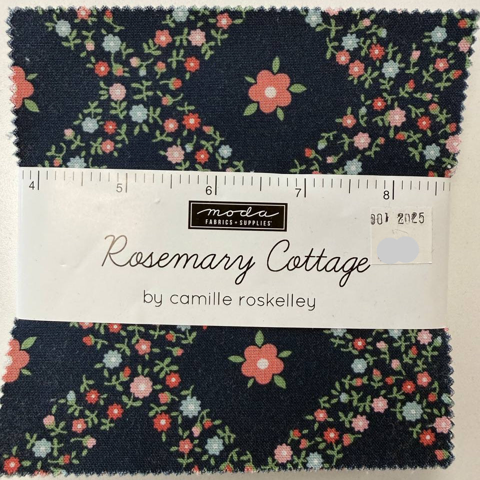 Rosemary Cottage Charm Pack by Camille Roskelley for Moda Fabrics with navy floral quilting cotton prints