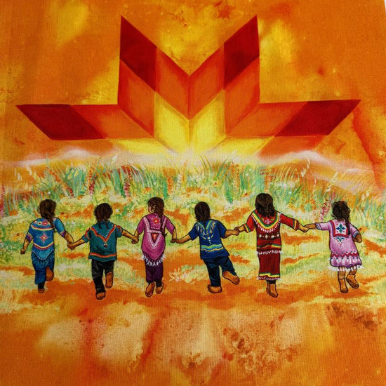 Always In Our Hearts panel fabric by Northcott with children holding hands and orange star design