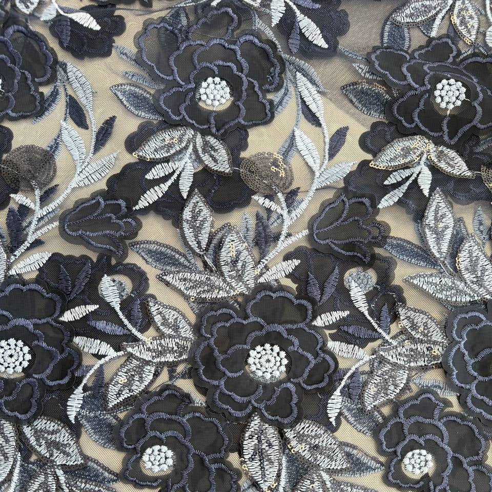 Navy embroidered lace fabric with floral pattern and sequins