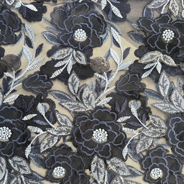 Navy embroidered lace fabric with floral pattern and sequins