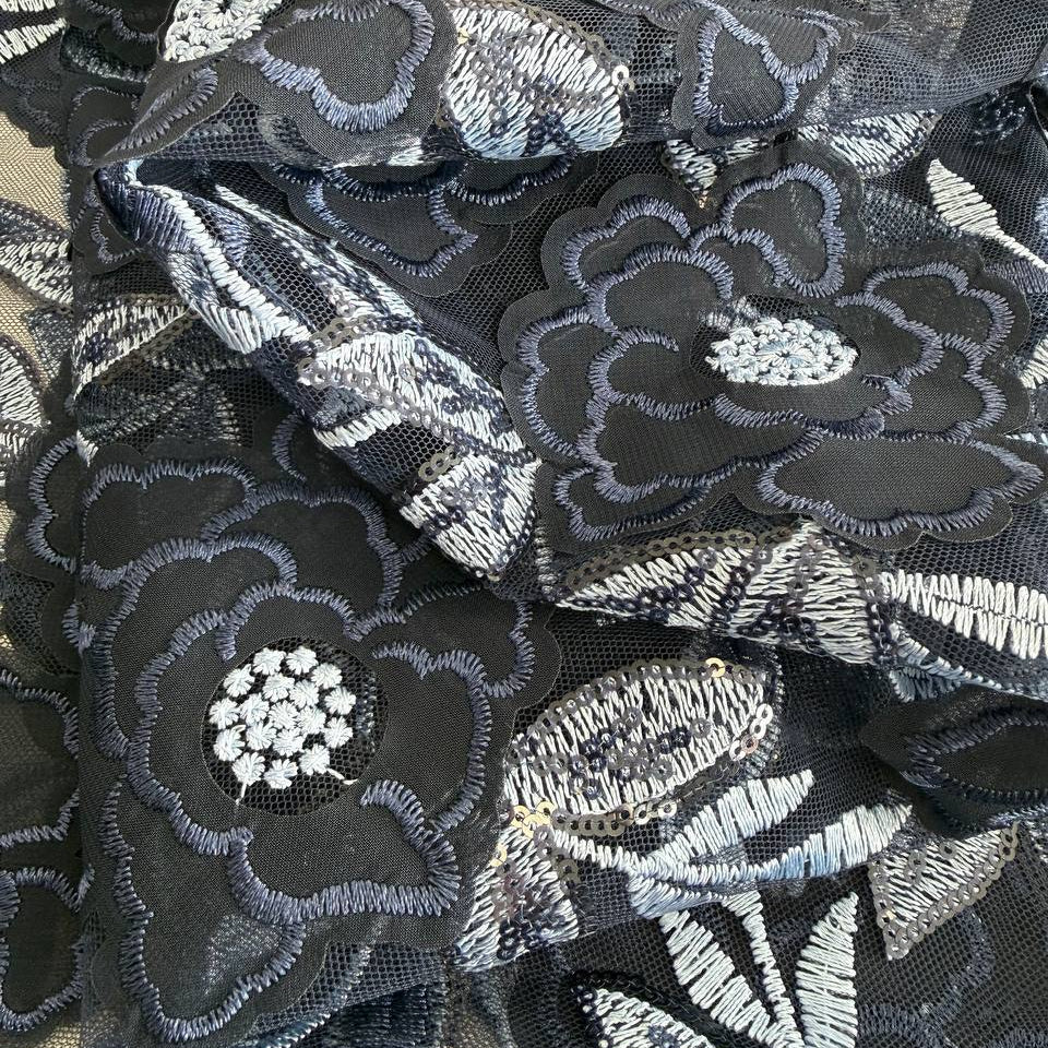 Navy embroidered lace fabric with floral pattern and sequins