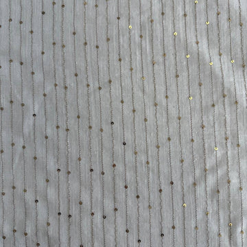 White linen blend fabric with vertical gold sequin lines