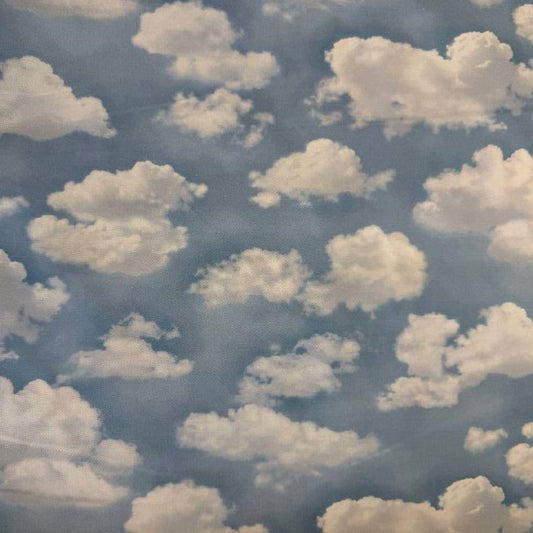 Sky blue cotton fabric with white cloud print, soft quilting cotton by Moda, Wild Blue Yonder collection