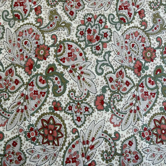 Porcelain style paisley floral cotton fabric in beige with red and green details by Moda Ambiance collection