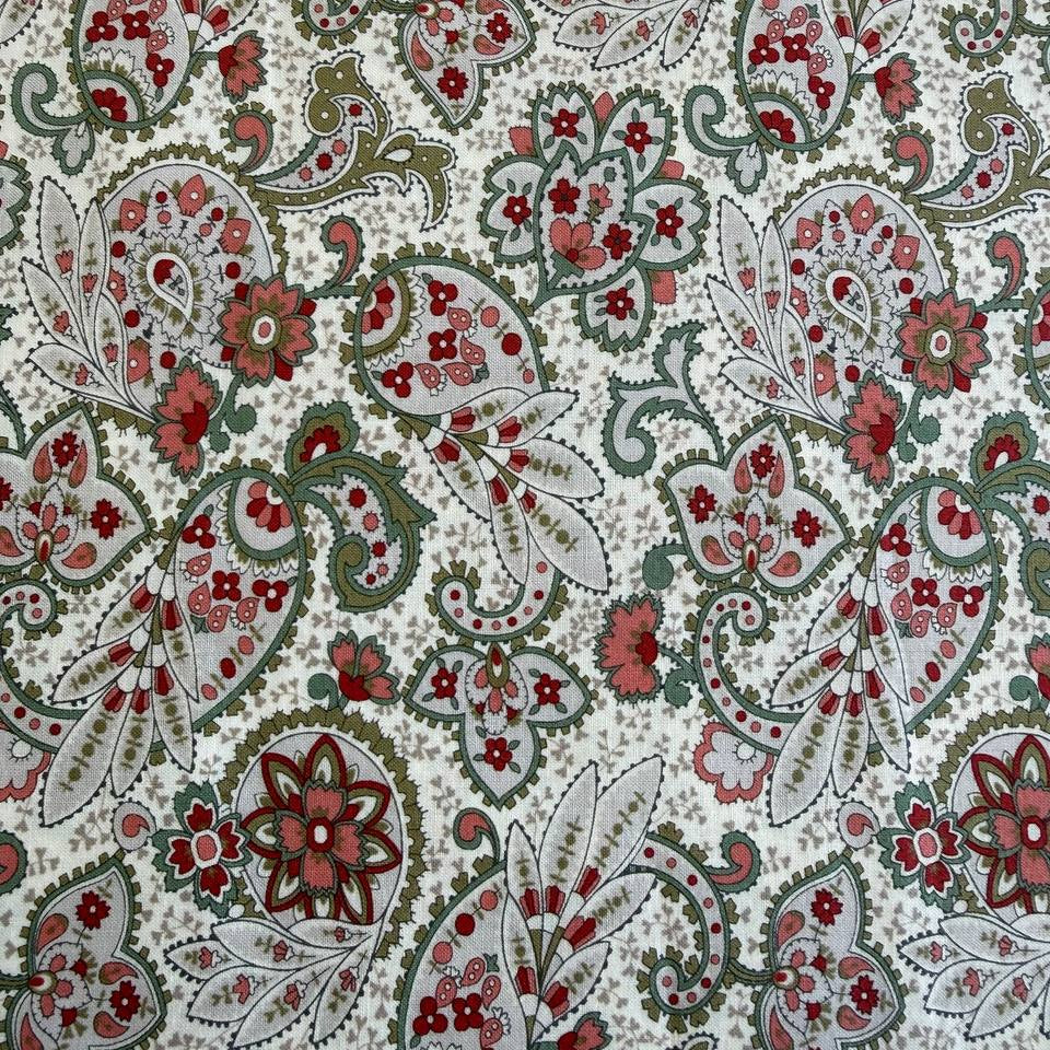 Porcelain style paisley floral cotton fabric in beige with red and green details by Moda Ambiance collection