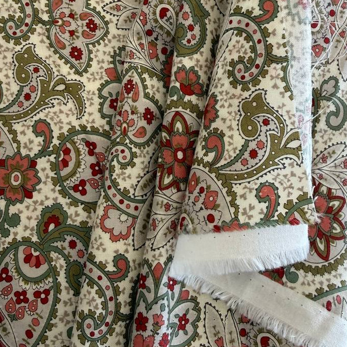 Porcelain style paisley floral cotton fabric in beige with red and green details by Moda Ambiance collection