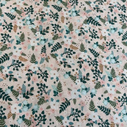 Blush pink cotton fabric with green and teal floral leaf print by Moda, quilting fabric