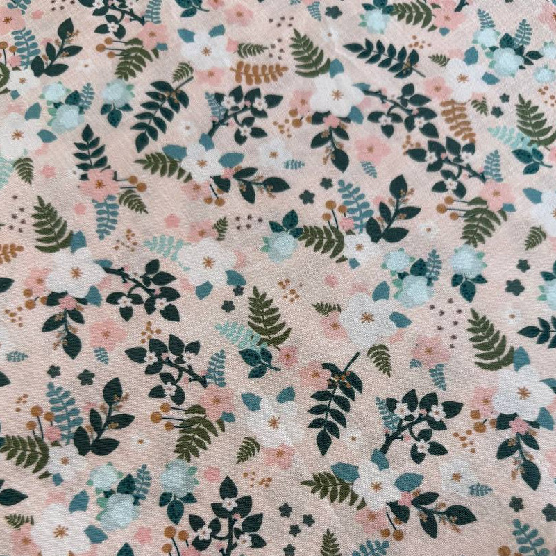 Blush pink cotton fabric with green and teal floral leaf print by Moda, quilting fabric