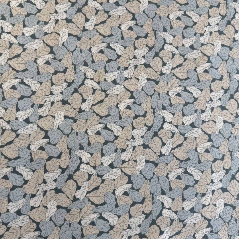 Cotton fabric with leaf print in sage green, beige and blue tones from Moda Potted collection