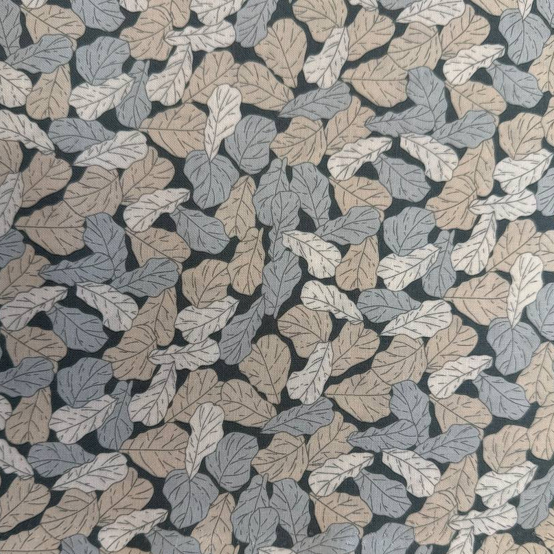 Cotton fabric with leaf print in sage green, beige and blue tones from Moda Potted collection