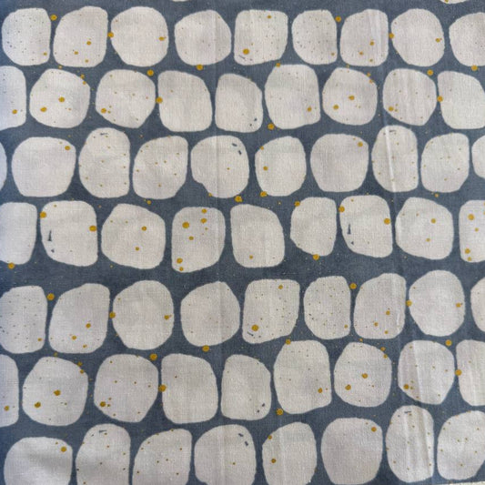Blue and white pebble print cotton fabric with gold speckles by Zen Chic Flirtation collection