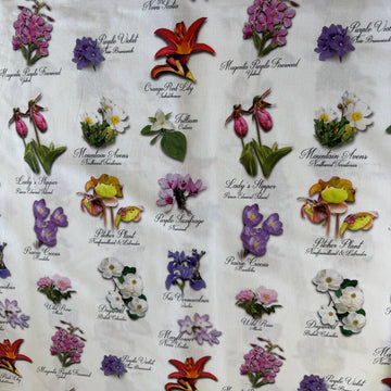 White cotton fabric with colorful botanical flower print and handwritten names from Canadian Road Trip collection by Hoffman
