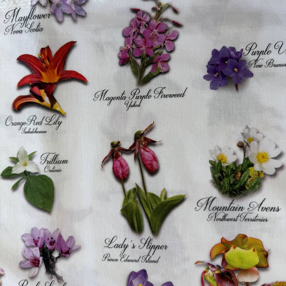 White cotton fabric with colorful botanical flower print and handwritten names from Canadian Road Trip collection by Hoffman
