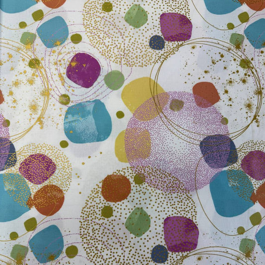 Flirtation Lace cotton fabric by Zen Chic for Moda with pastel abstract shapes and metallic gold accents