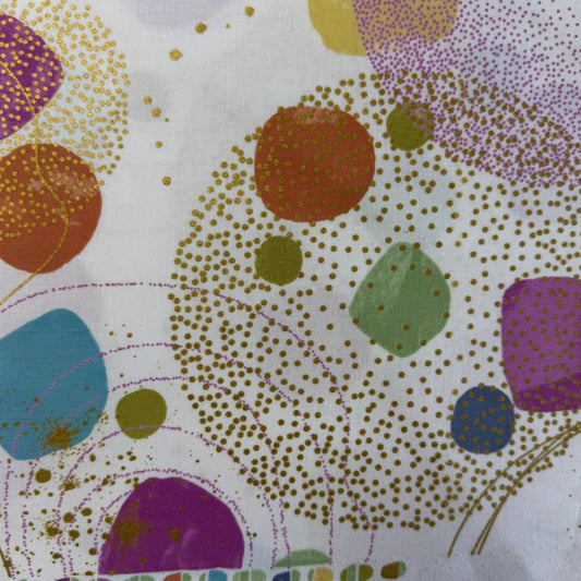 Flirtation Lace cotton fabric by Zen Chic for Moda with pastel abstract shapes and metallic gold accents