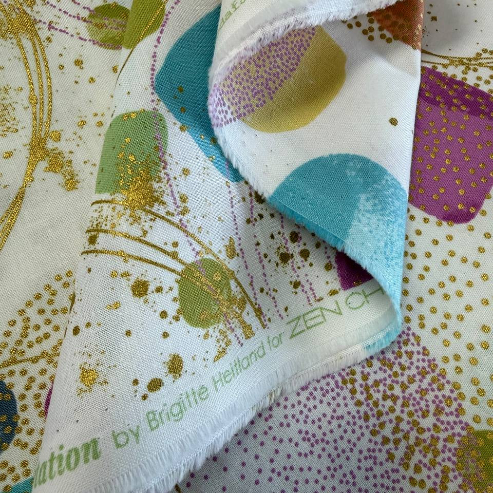 Flirtation Lace cotton fabric by Zen Chic for Moda with pastel abstract shapes and metallic gold accents
