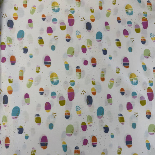 Flirtation by Zen Chic Lace cotton fabric by Moda with colorful oval shapes and gold speckles on white background, quilting cotton fabric 