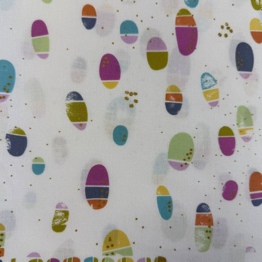 Flirtation by Zen Chic Lace cotton fabric by Moda with colorful oval shapes and gold speckles on white background, quilting cotton fabric 