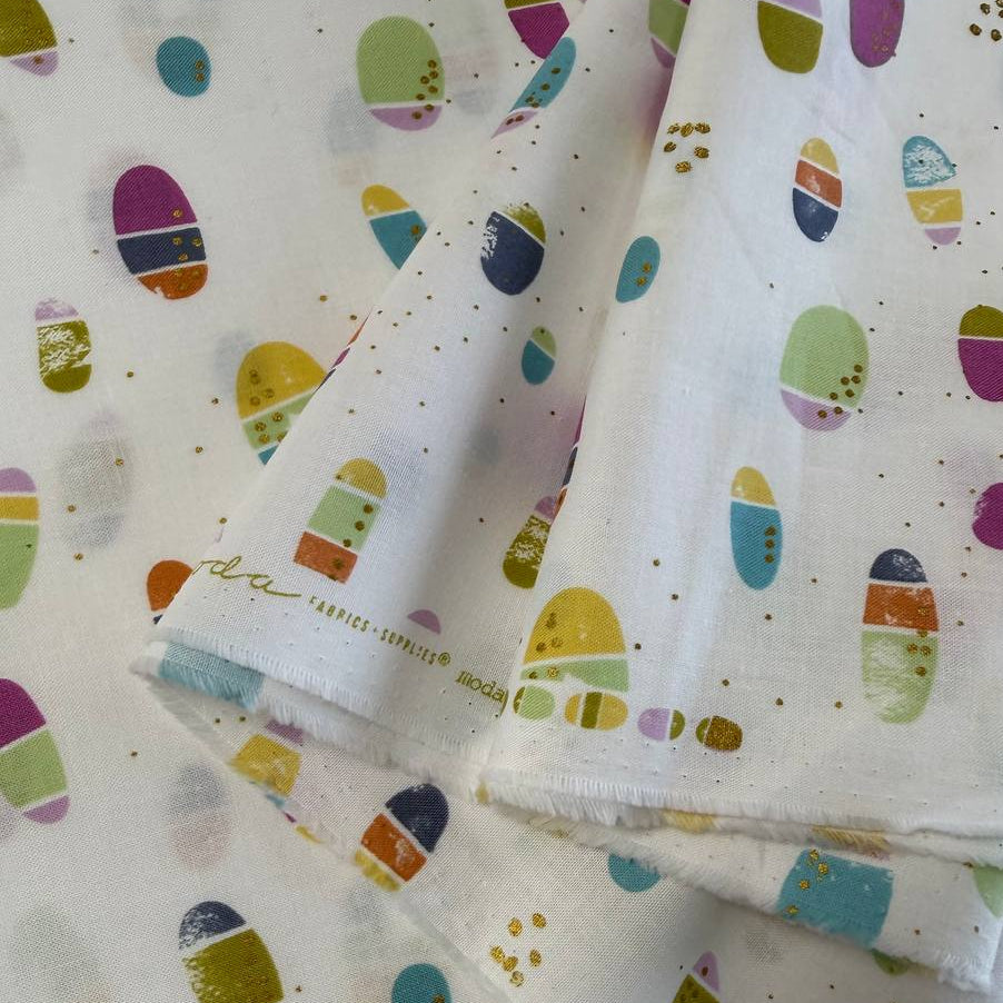 Flirtation by Zen Chic Lace cotton fabric by Moda with colorful oval shapes and gold speckles on white background, quilting cotton fabric 