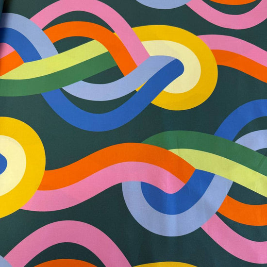 Abstract colorful geometric cotton fabric Groove Moody Multi by Emily Van Hoff for Moda with green blue orange and pink shapes